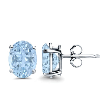 Art Deco Oval Wedding Bridal Solitaire Stud Earrings Simulated Aquamarine CZ 925 Sterling Silver-7mmx5mm